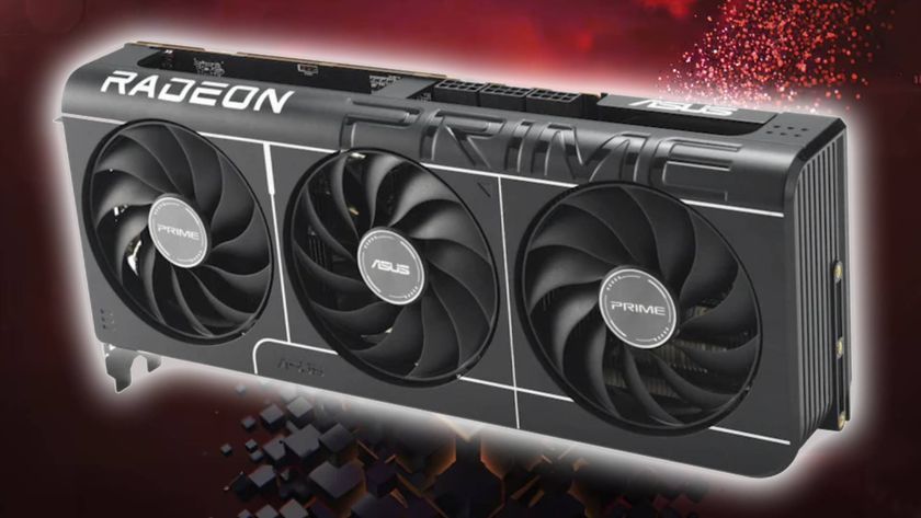 ASUS Prime Radeon RX 9070 graphics card with red AMD backdrop