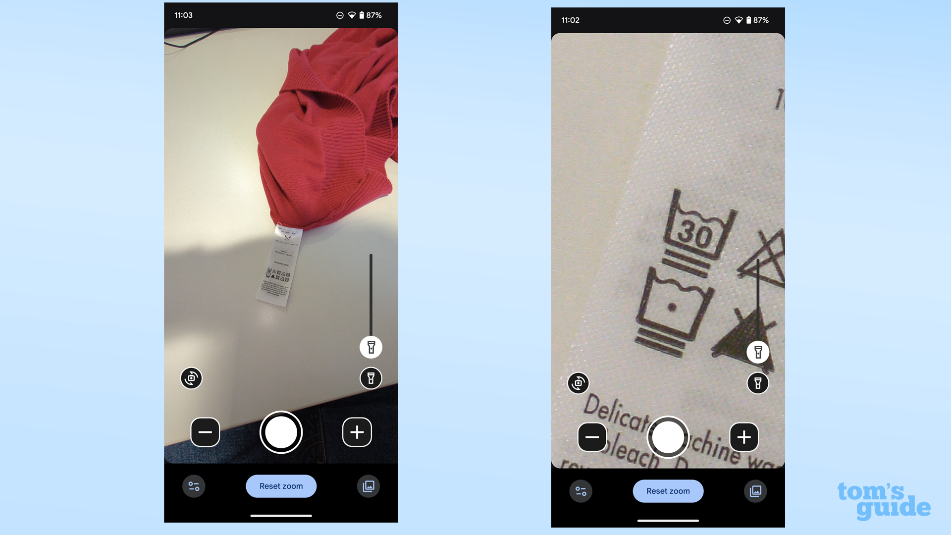 Screenshots, die die minimale 0,5-fache und maximale 8-fache Zoomstufe der Google Magnifier-App zeigen