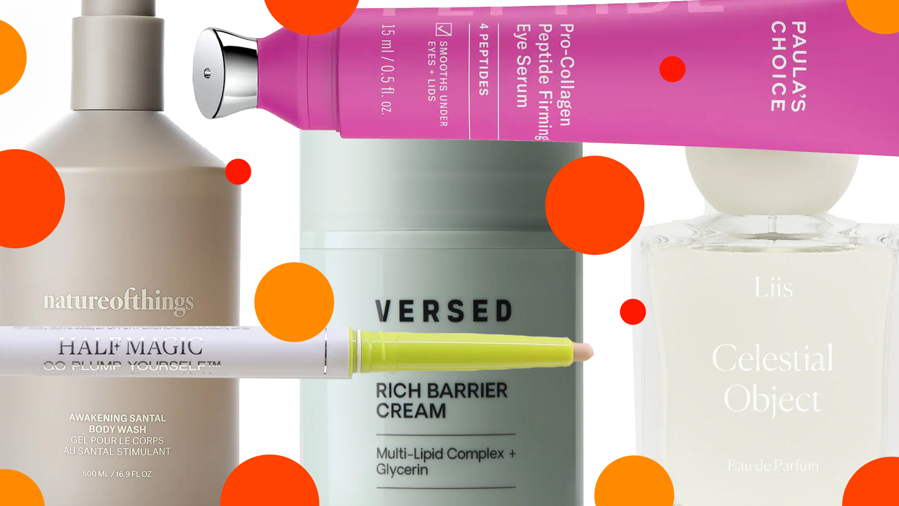 product collage of Liis Celestial Object, Versed Daily Recovery Rich Barrier Cream, HALF MAGIC Go Plump Yourself Invisible Extreme Plumping Lip Liner, Paula&#039;s Choice Pro-Collagen Peptide Firming Eye Gel Serum, Nature of Things Awakening Santal Body Wash on white background with red and orange polka dots 