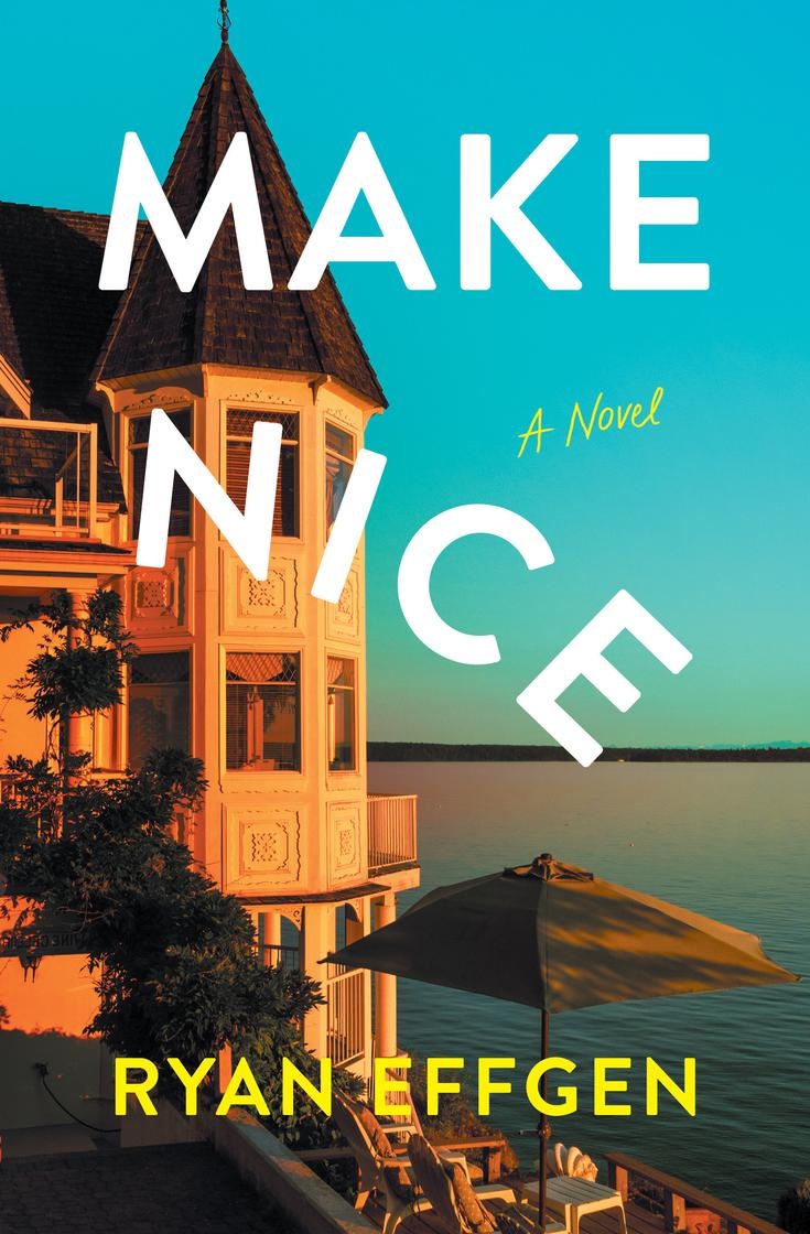 the cover of the book make nice by ryan effgen featuring a vintage looking resort on a lake