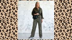 Fashion columnist Alyson Walsh wearing khaki shirt and khaki leopard trousers