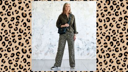 Fashion columnist Alyson Walsh wearing khaki shirt and khaki leopard trousers