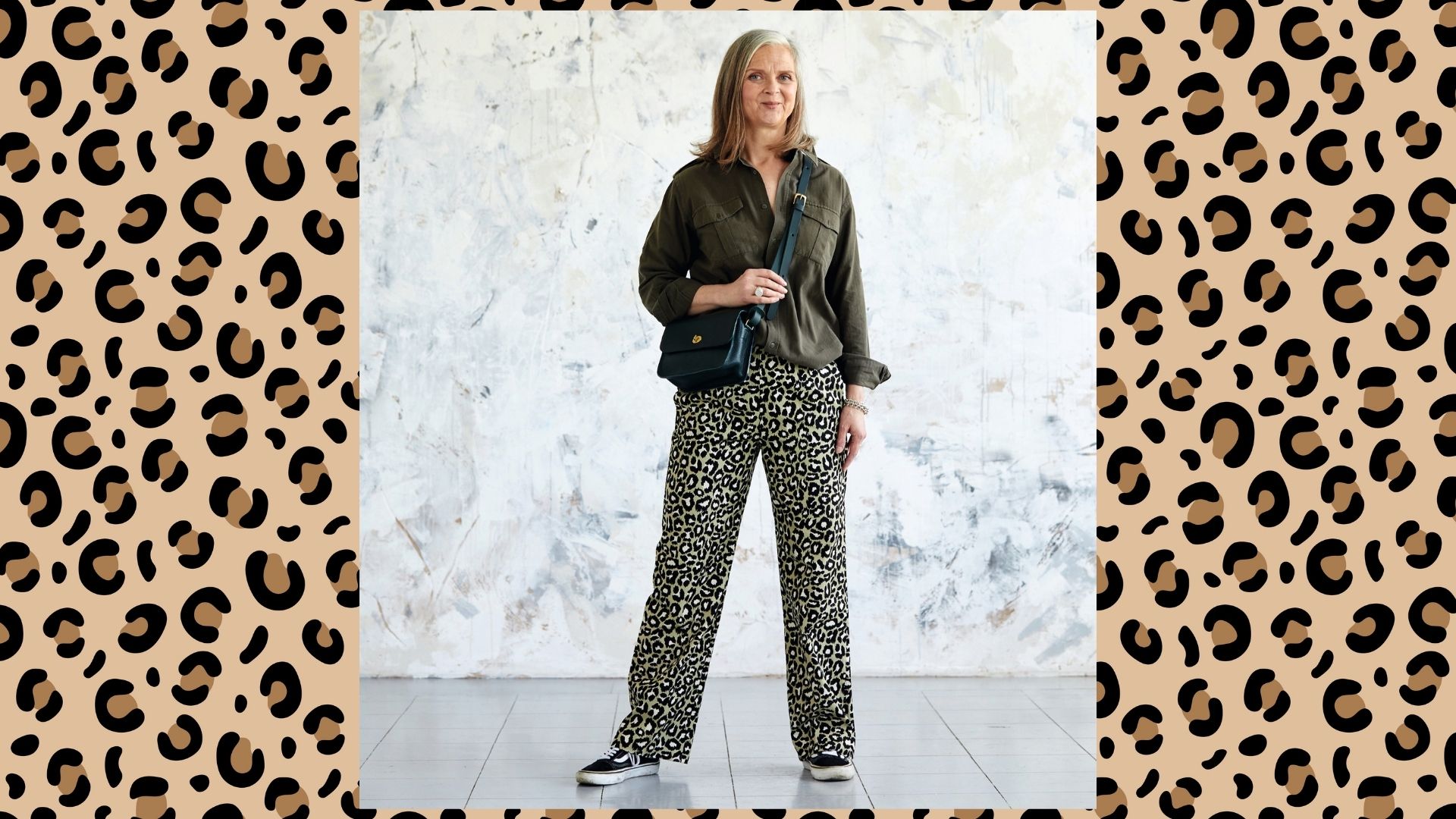 Fashion columnist Alyson Walsh wearing khaki shirt and khaki leopard trousers
