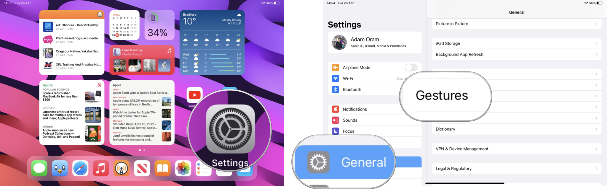 How to change or turn off the Quick Note corner gesture: Open Settings, tap on General, tap on Gestures