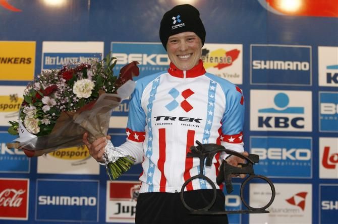 A beaming Katie Compton (Trek Cyclocross Collective) on the podium after winning the third round of the World Cup.