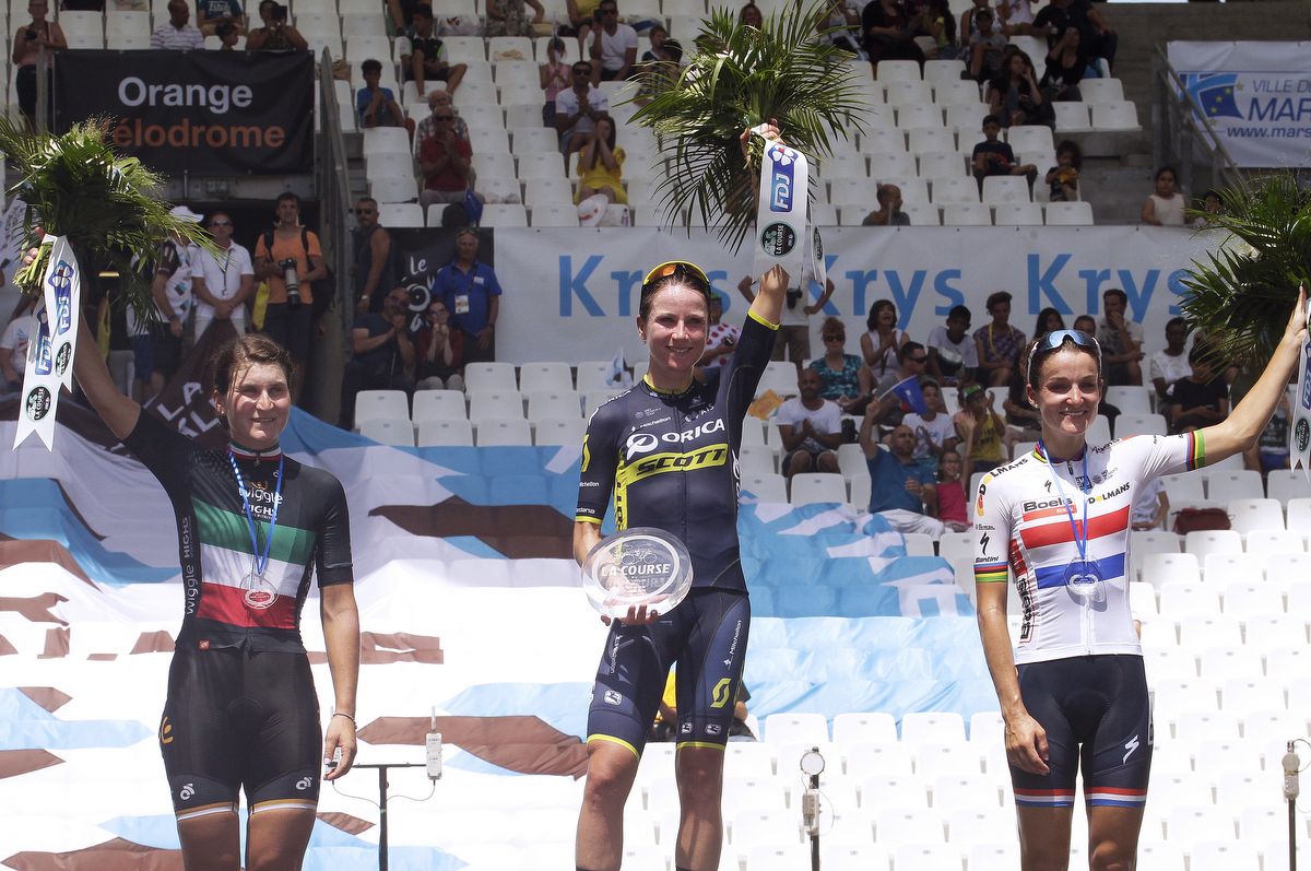 Annemiek van Vleuten (Orica-Scott) in the middle of the La Course podium