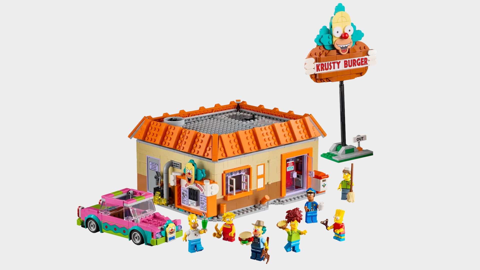 Lego Krusty Burger set and minifigures against a plain background