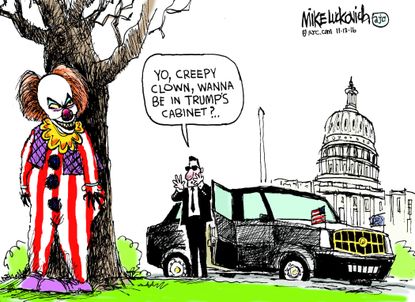 Political cartoon U.S. 2016 election Donald Trump cabinet of horrors