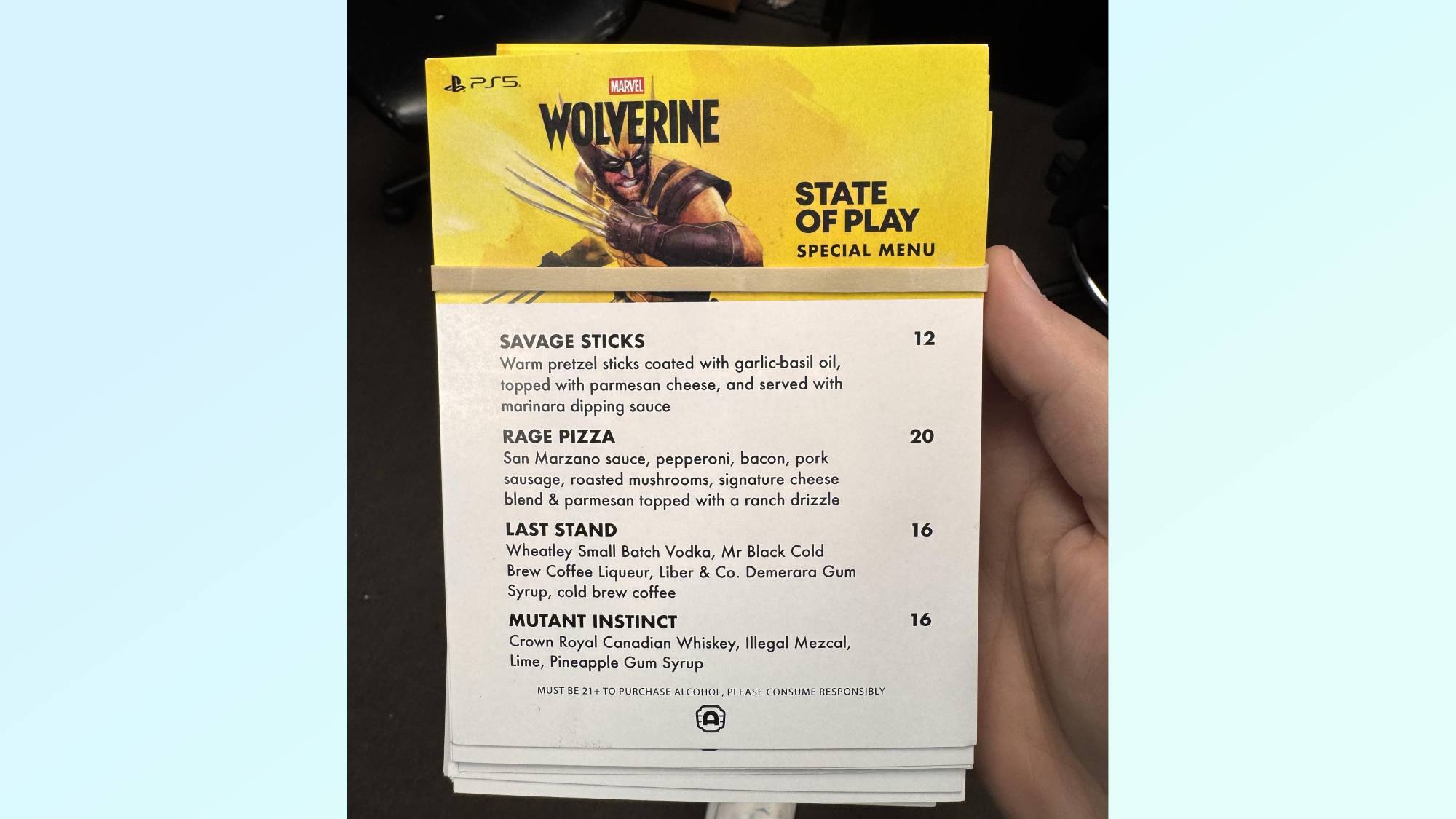 State of Play themed menu at Alamo Drafthouse