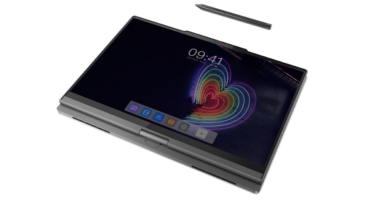 Lenovo ThinkBook Twist, closed and with main display twisted out.