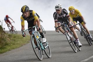 Primoz Roglic leads Tom Dumoulin on the descent to the finish of stage 19