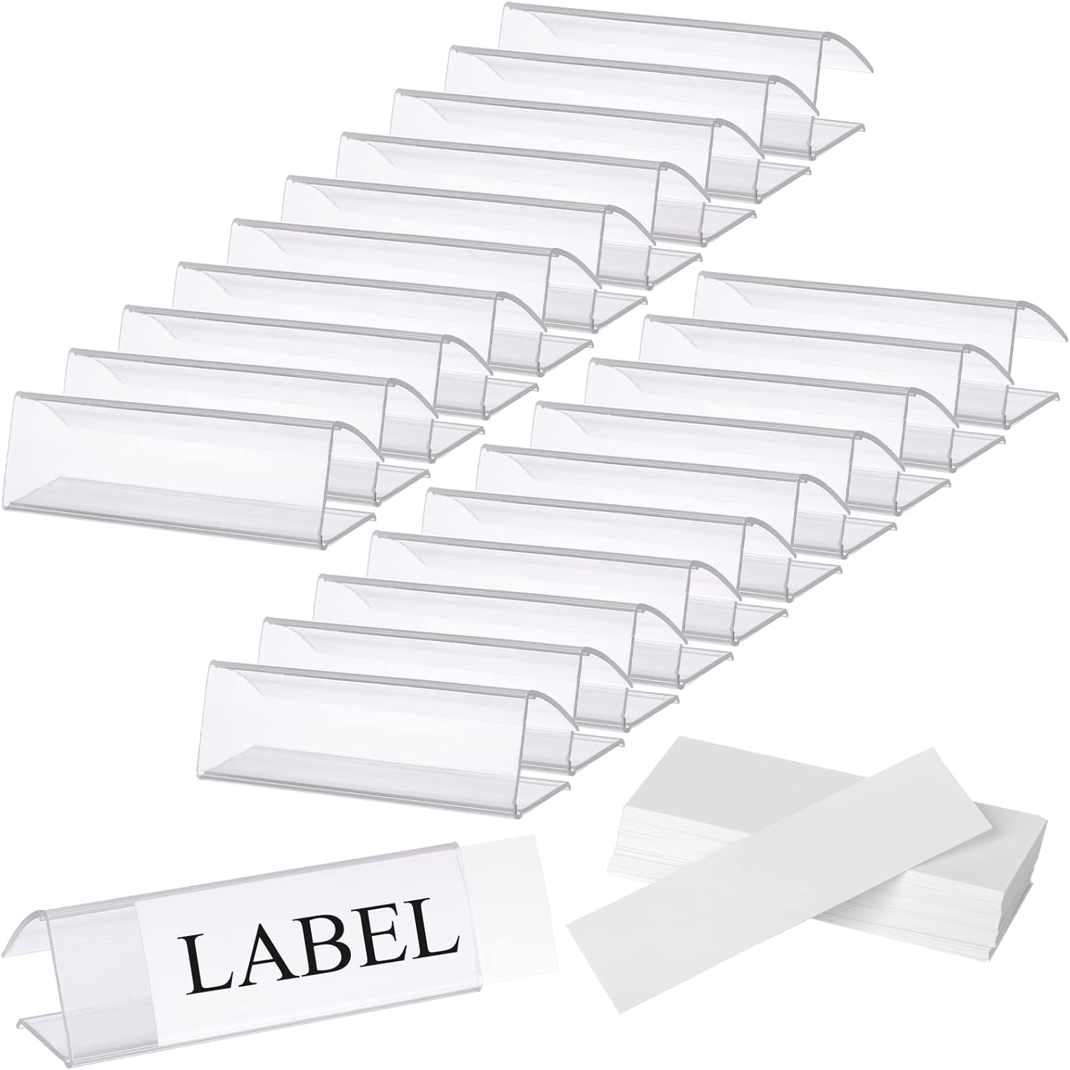 Hedume 100 Pcs Plastic Label Holder With 100 Pcs Label Inserts, 7.6 X 2.5cm Clear Plastic Shelf Label Holder, Shelf Sign and Ticket Holder, Clips on to Shelves 5/8" to 3/4" (0.6 to 0.75cm) Thick