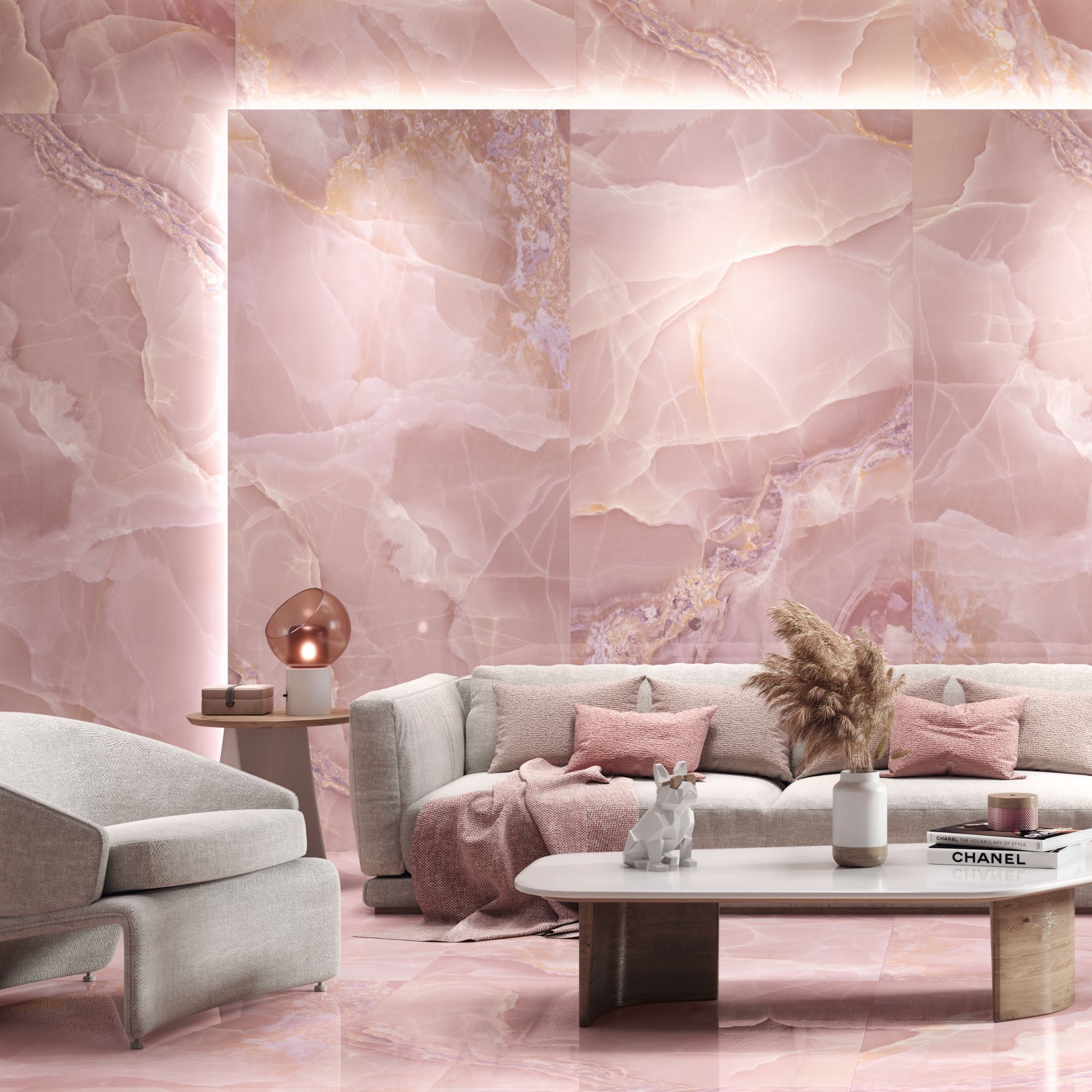 A pink onyx living room with beige sofas
