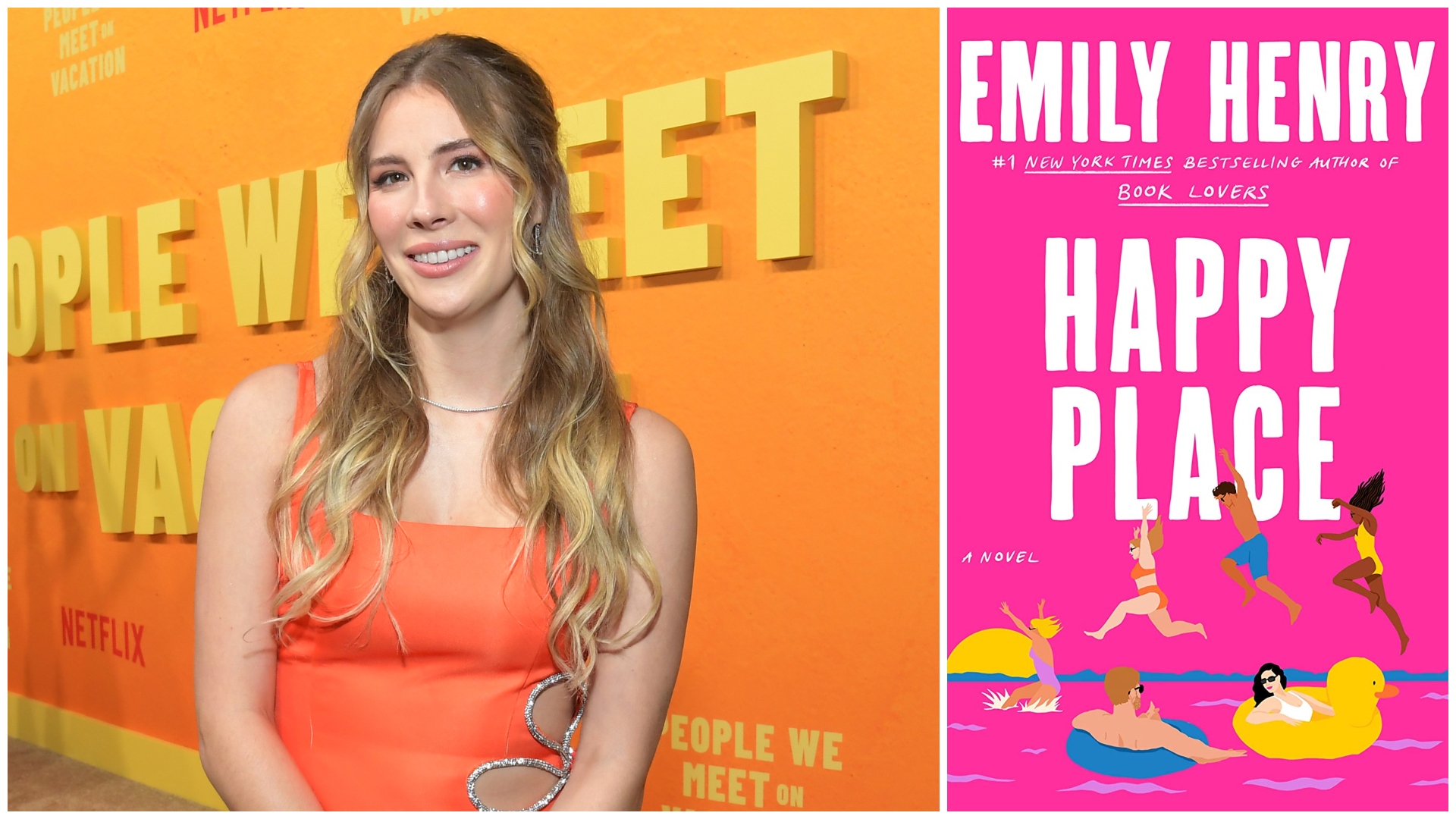 a split image of author emily henry wearing an orange dress posing on a red carpet opposite the cover of her novel happy place