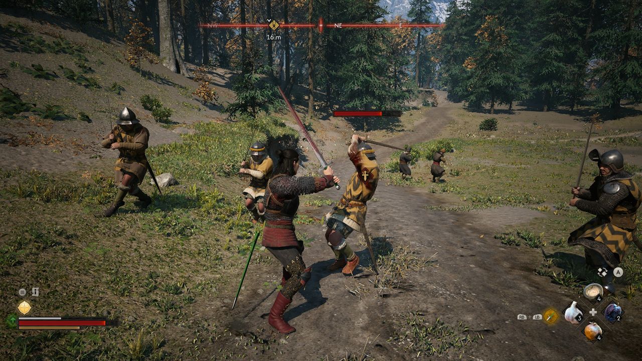 A group of men fight in a forest