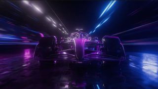 F1 car racing through neon lights
