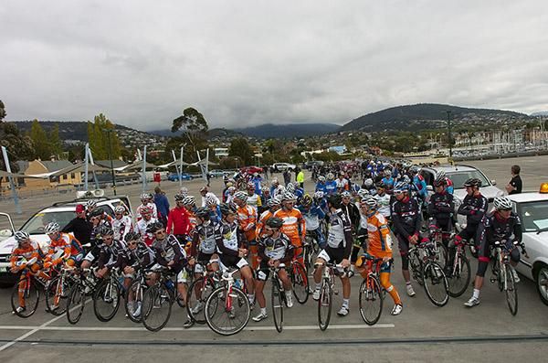 The peloton await the roll-out from Wrest Point Casino with their destination Mt.Wellington surrounded by cloud and fog before stage one of the 2011 Tour of Tasmania.