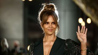 Halle Berry pictured on the red carpet wearing part makeup