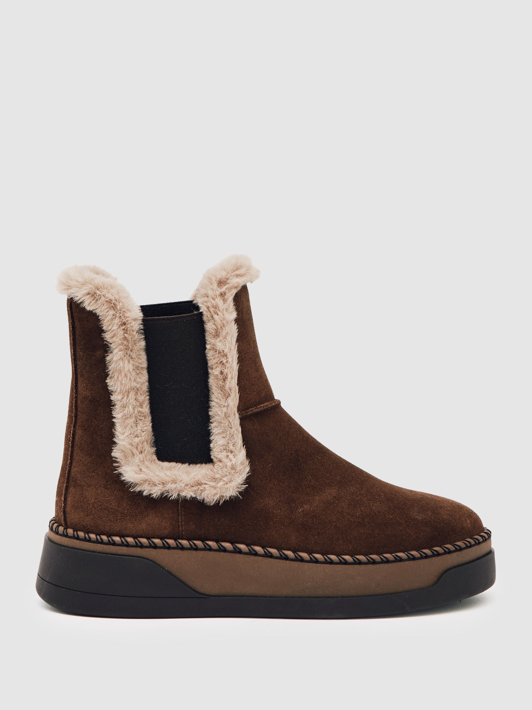 Suede Faux Fur-Trim Ankle Boots in Chocolate