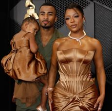 John Gaines, Victoria Monét and Hazel Monét arrives on the Red Carpet at the 66th Grammy Awards