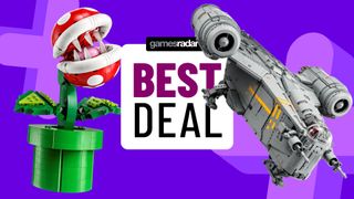 Lego Piranha Plant and Razor Crest on a purple background beside a badge reading 'best deal'