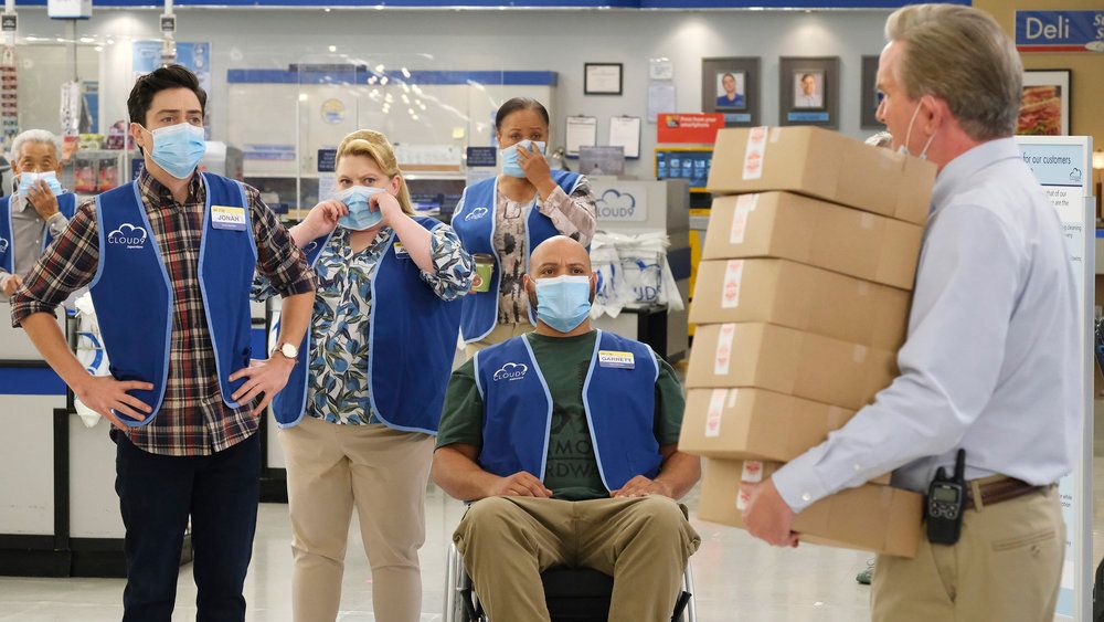 Ben Feldman as Jonah, Kelly Schumann as Justine, Colton Dunn as Garrett, and Mark McKinney as Glenn in NBC&#039;s &#039;Superstore&#039;