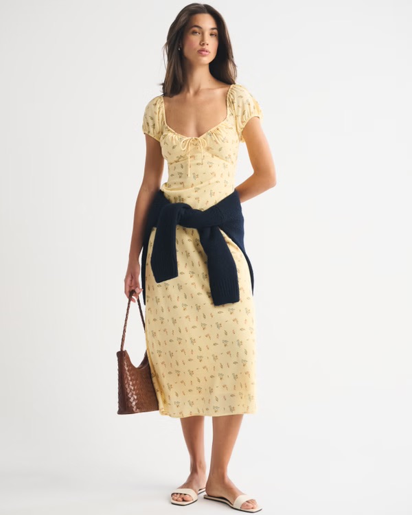 Abercrombie, Bra-Free Micro Puff Sleeve Sweetheart Midi Dress