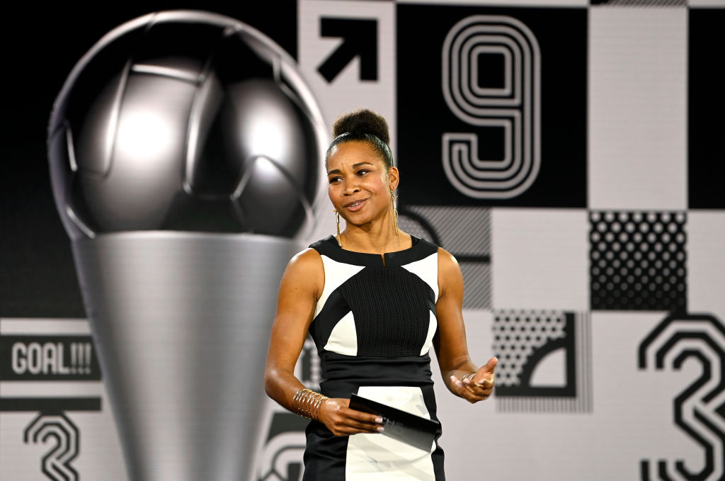 Laura Georges is seen on stage during the The Best FIFA Football Awards on December 17, 2020 in Zurich, Switzerland.