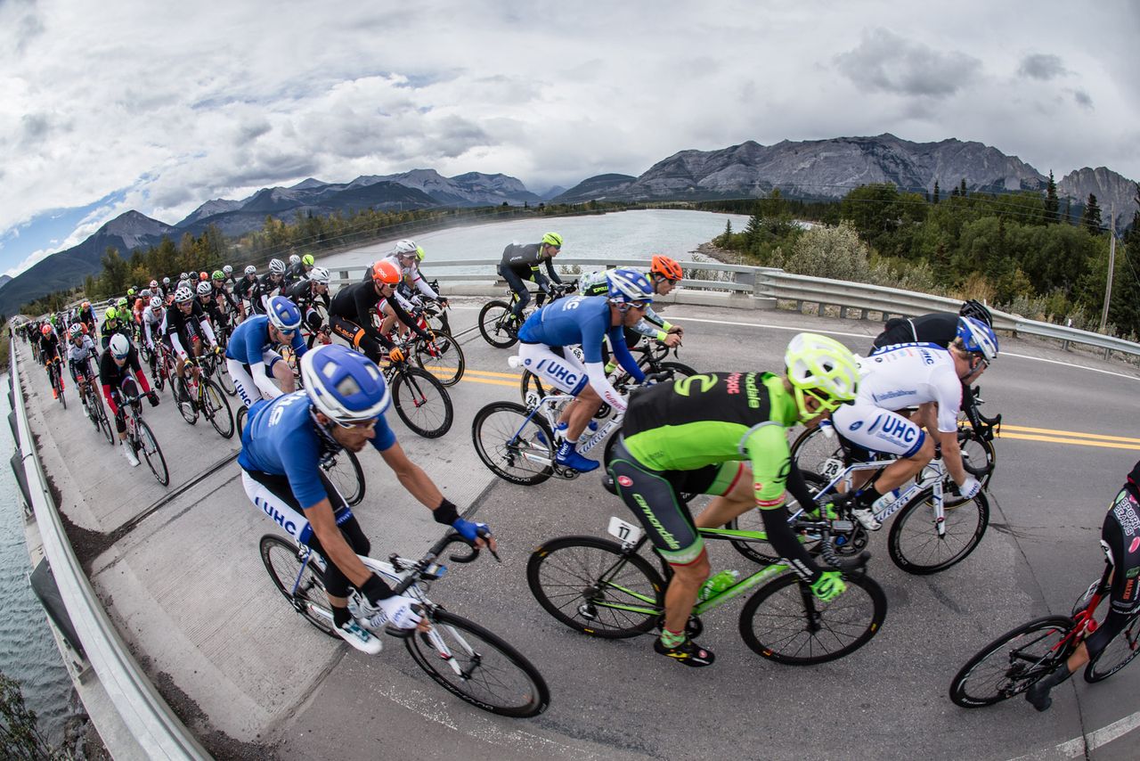 The peloton on the way out of Banff