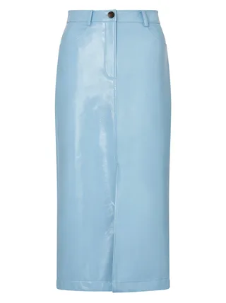 Kitri Cornflower blue patent midi skirt