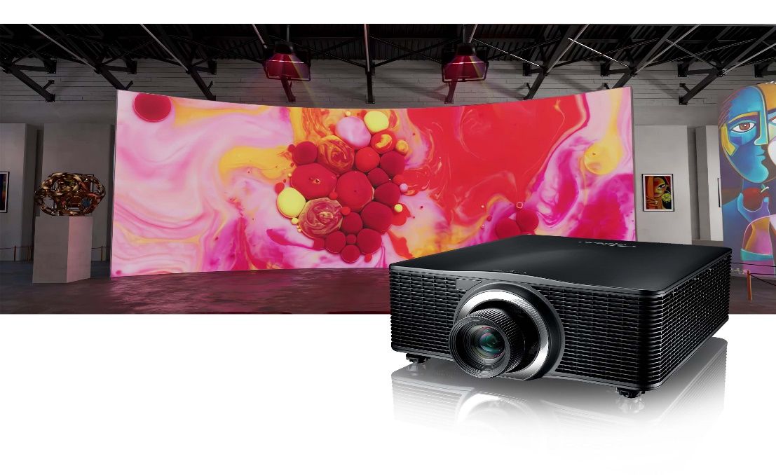 The new Optoma projector solution in front of a stunning colorful display. 