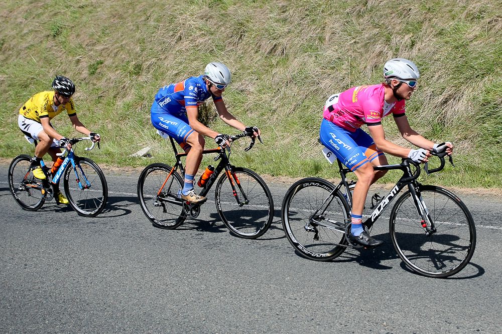 Avant Racing Team Regan Gough (F) of Waipukurau, Fraser Gough of Napier and Joseph Cooper of Wellington head towards Lumsden in stage one of the Tour of Southland
