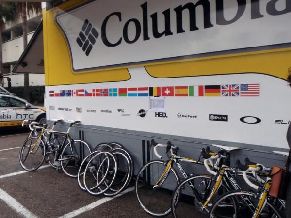 The women's bikes lined up outside their team truck