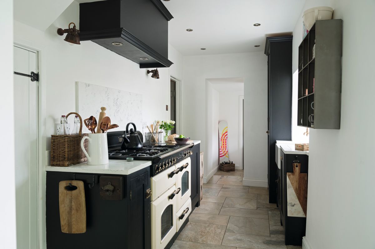 small galley kitchen with black cabinets