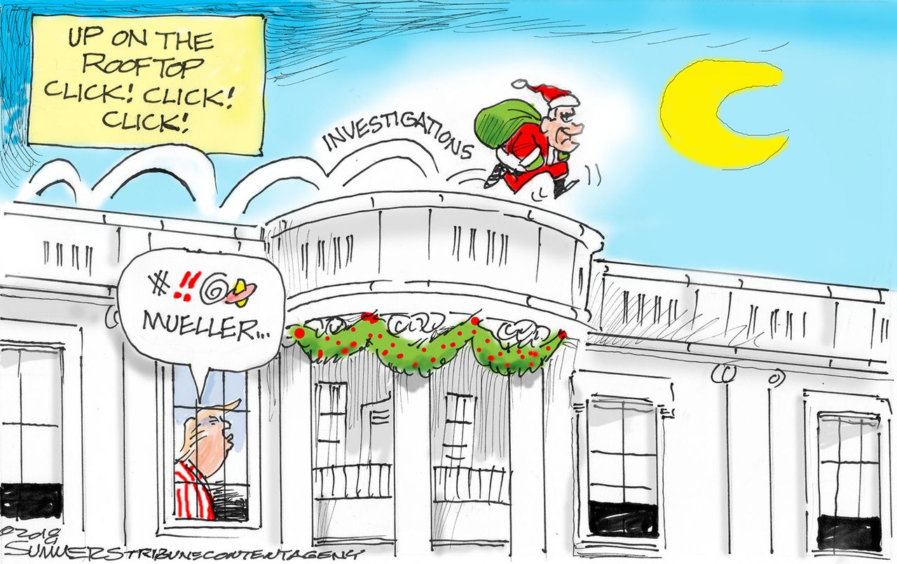 Political cartoon U.S. White House Trump Robert Mueller investigations corruption Christmas