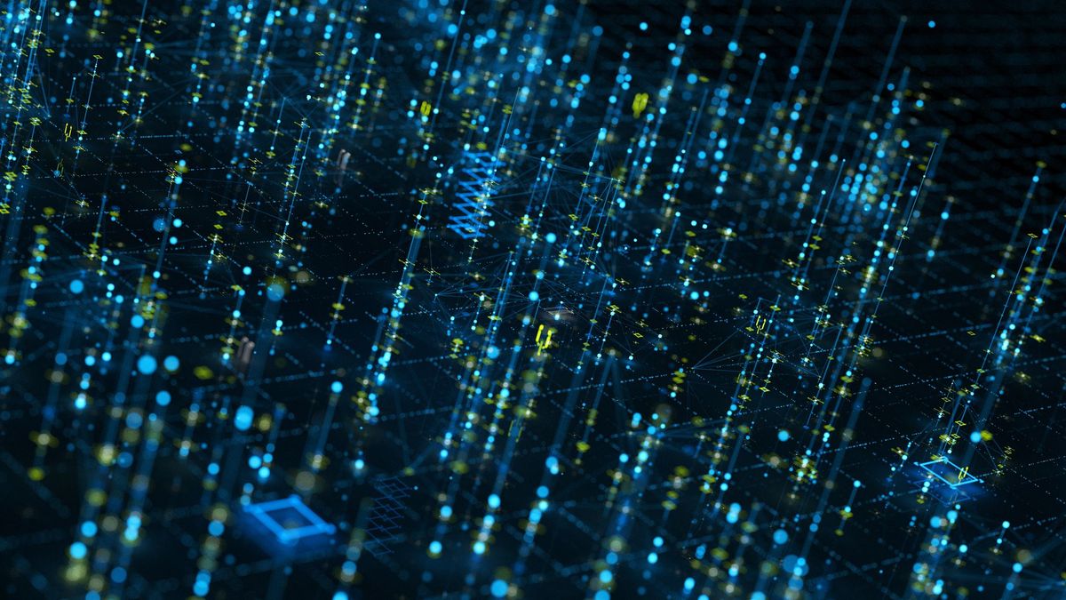 An abstract render of a matrix of data points layered on top of each other