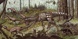 The predatory dinosaur <em>Tachiraptor admirabilis</em>, unearthed in Venezuela, attacking the herbivorous dinosaur <em>Laquintasaura</em>.