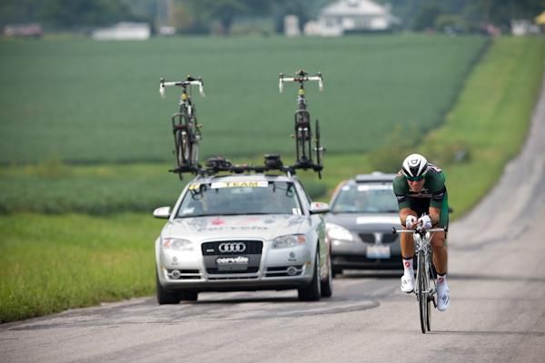 The Cervelo TestTeam car follows Thor Hushovd over the 30-kilometre course.