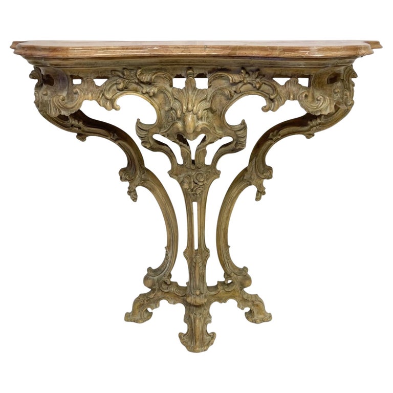 French Rococo Carved Pine Console Table With Rouge Marble Top