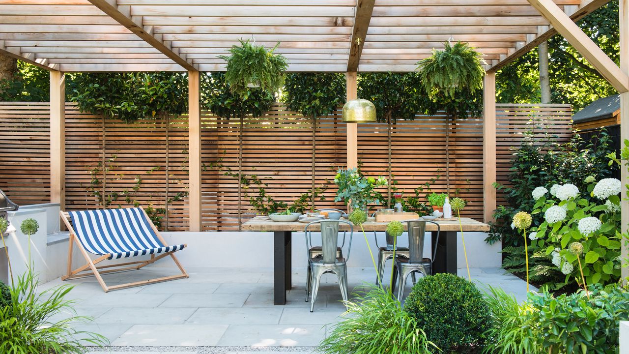 patio cover ideas with pergola, outdoor dining, double deckchair, floor tiles, plants