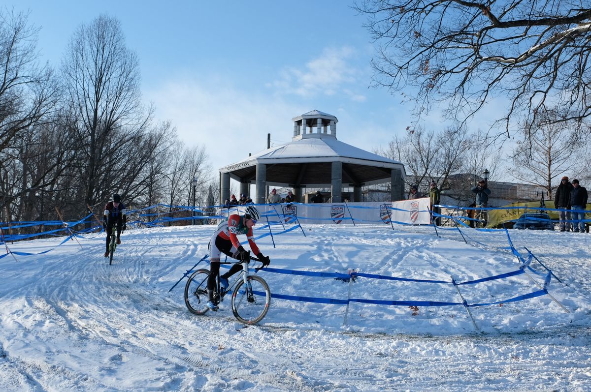 Denzel Stephenson (Boulder Junior Cycling) rounding the gazebo with two laps remaining