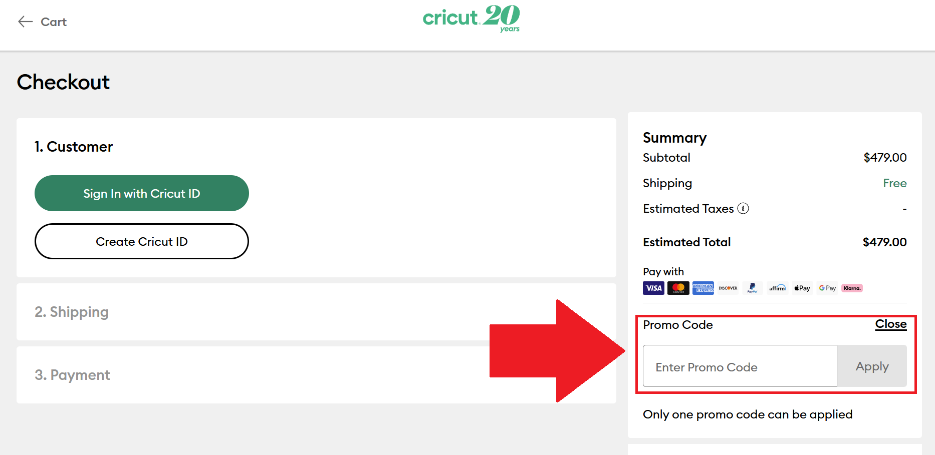 a screenshot of the cricut checkout page showing where to enter a cricut promo code