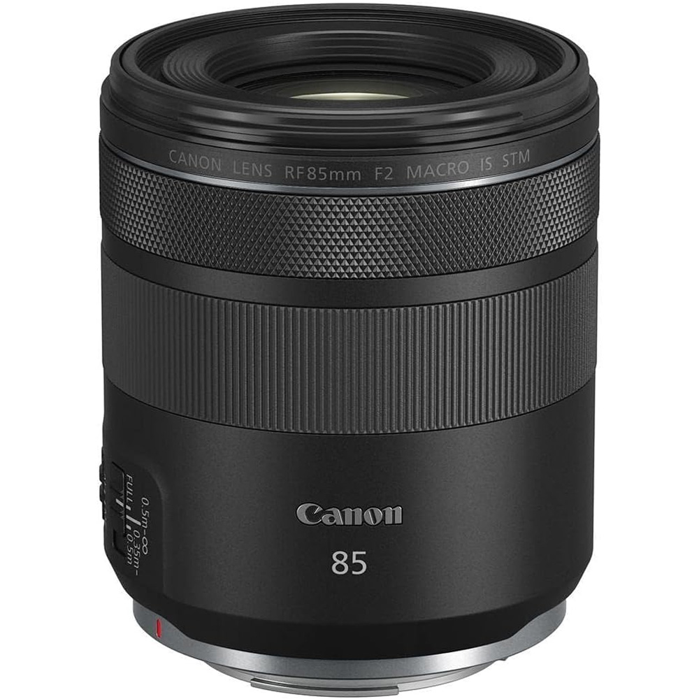 Canon RF85mm F2 Macro IS STM on a white background
