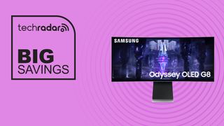 Samsung G85SB gaming monitor on purple background with big savings text overlay