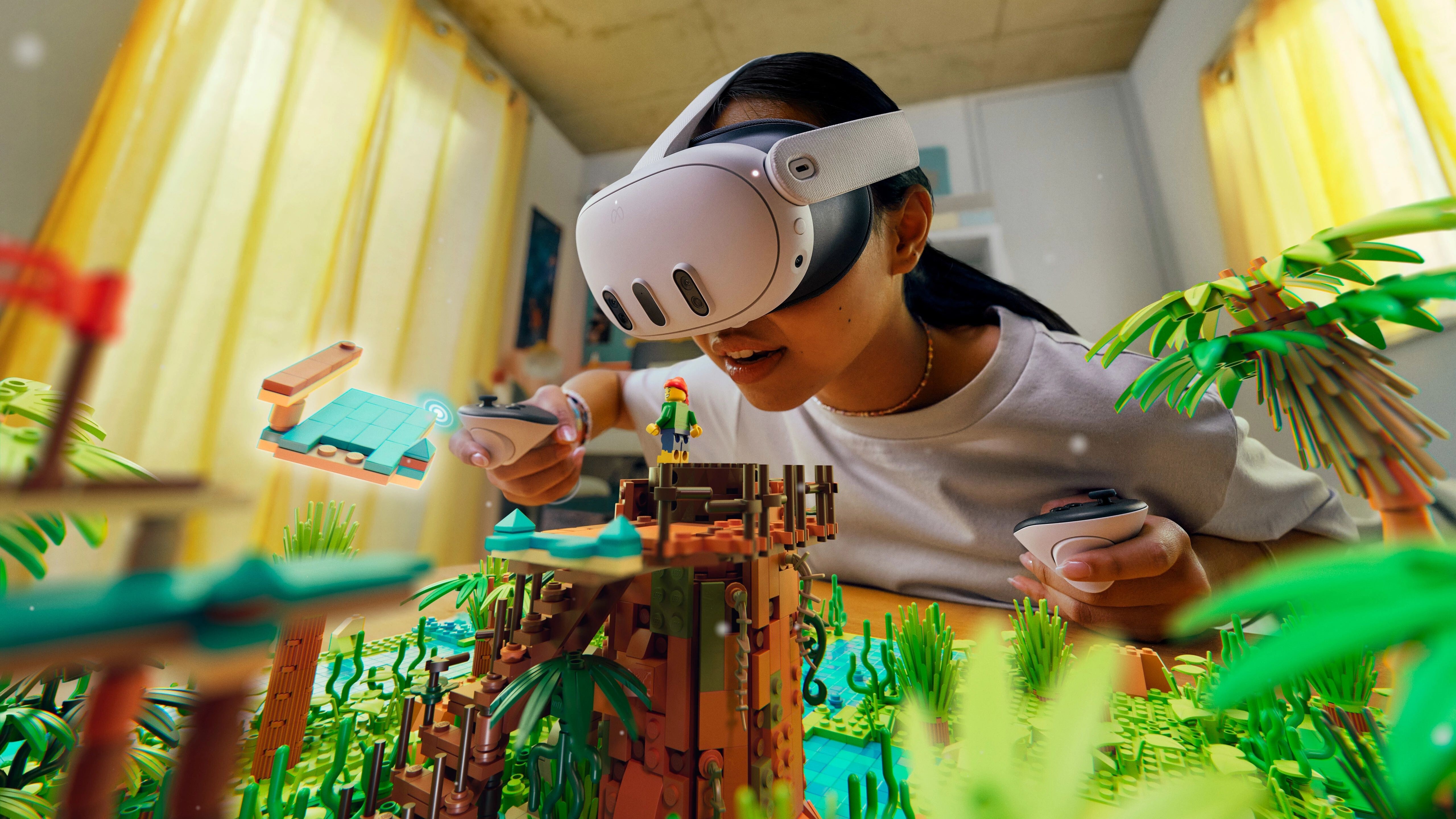 Girl wearing Meta Quest 3 headset interacting with a jungle playset