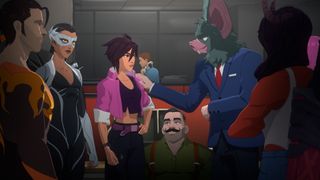 Z-Team gather around Invisigal in Dispatch to celebrate her win