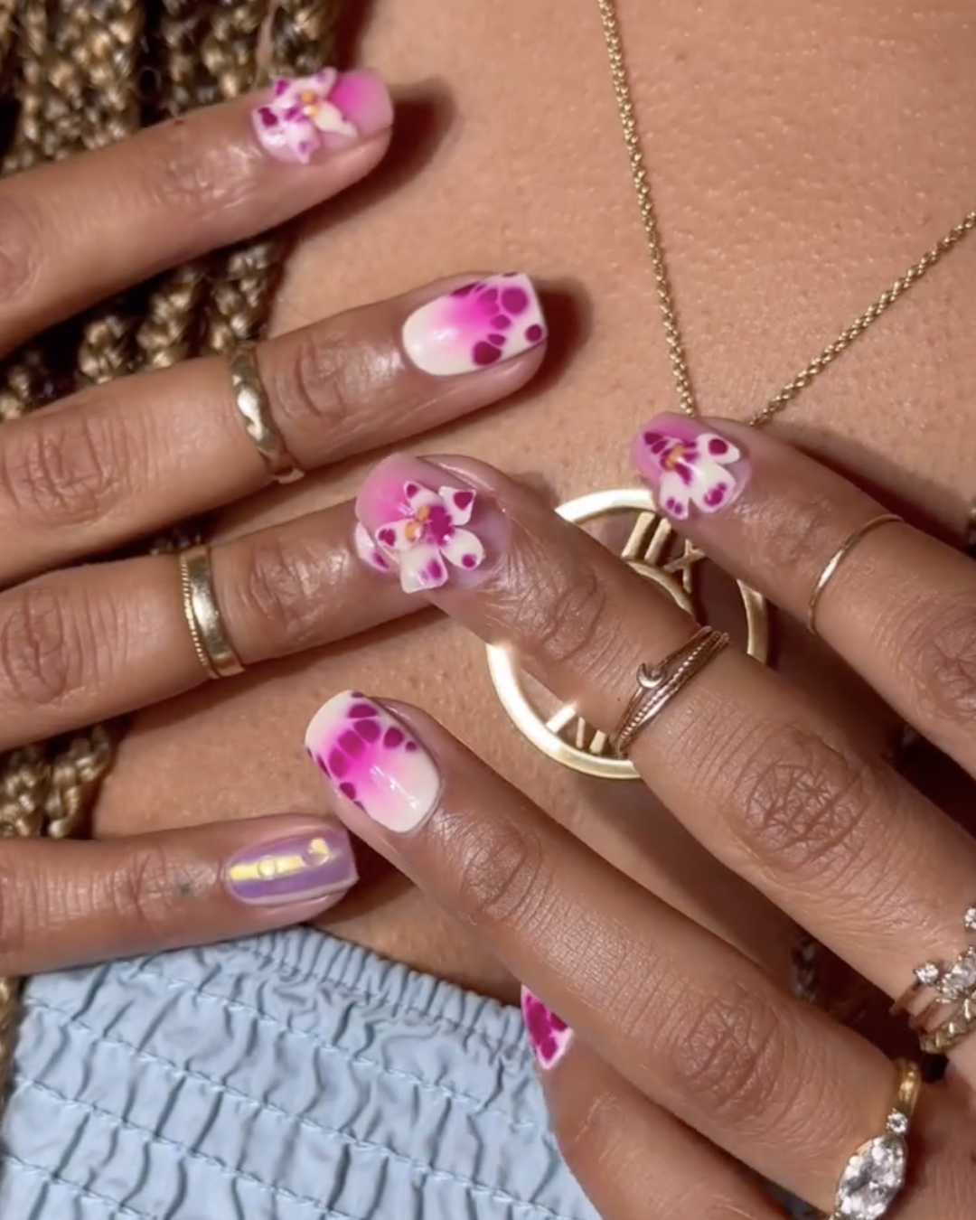 tropical pink floral nail design