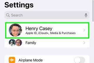 The iCloud account line for the user Henry T. Casey is highlighted at the top of the settings app, to signify tapping it in the second step of canceling a subscription on an iPhone
