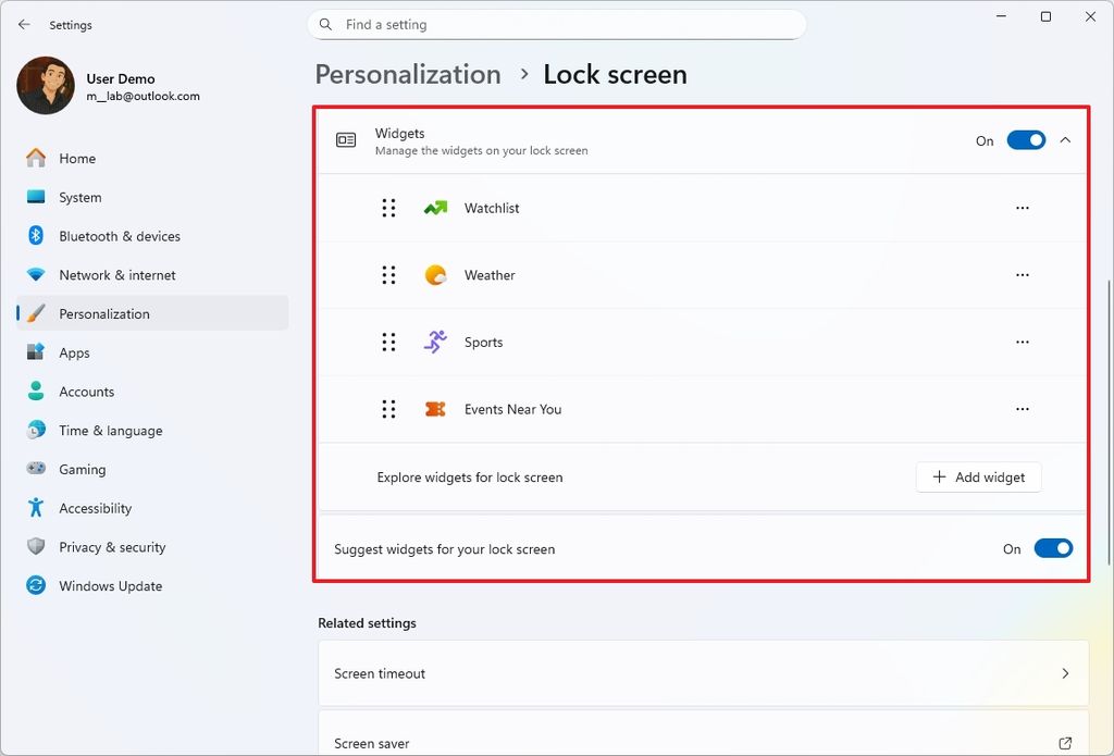 Lock Screen widgets settings