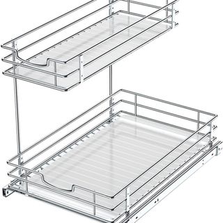 A two-tier sliding shelf undersink cabinet orgainzer